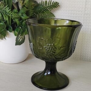 Vintage Indiana Glass, Green Pedestal Bowl, Grapevine Pressed Pattern